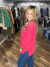 Red Wave Rib Oversized Top With Side Slit