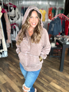 Mocha Acid Wash Oversized 1/4 Zip Hoodie with Kangaroo Pocket