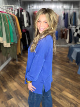 Royal Blue Oversized V-neck Wave Rib Long Sleeve Tunic Top