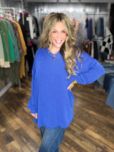 Royal Blue Oversized V-neck Wave Rib Long Sleeve Tunic Top