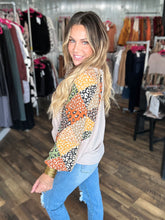 Taupe Dolman Top with Multicolor Print Sleeves