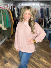 Rose Brushed Ribbed Textured Oversized Top with Side Slit