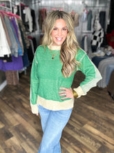 Clover Green Loose Fit Color Block Textured Round Neck Sweater