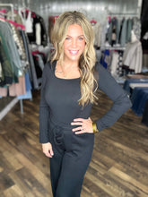 Black slinky long sleeve bodysuit with flare pants set