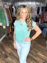 Dark Green Halo Washed Cuffed Short Sleeve Top (mom crop)