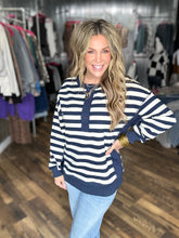 Navy Oversized Striped Half Button Down Casual Knit Top