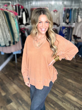 Burnt Amber Cotton Blend Waffle Knit Oversized Long Sleeve