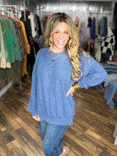 Denim Blue Brushed Ribbed Textured Oversized Top with Side Slit