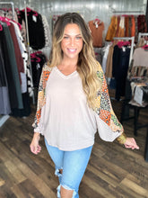 Taupe Dolman Top with Multicolor Print Sleeves