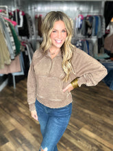 Mocha Acid Washed Half Zip Fleece Hoodie Kangaroo Pocket