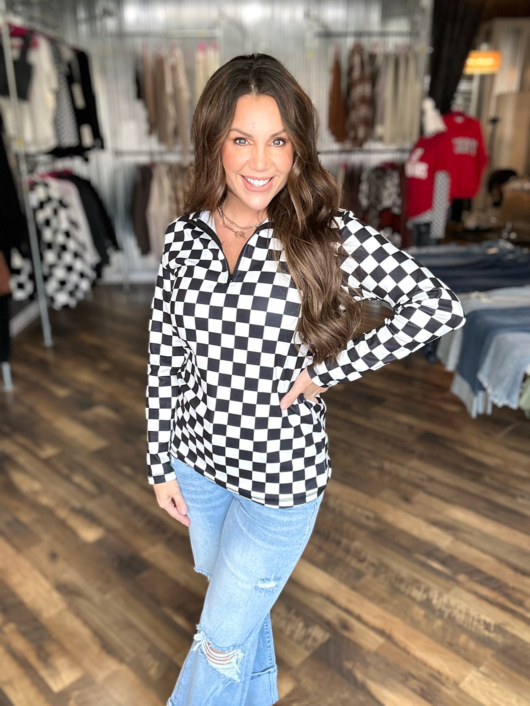 Black and White Checkered Round the Track Pullover