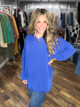 Royal Blue Oversized V-neck Wave Rib Long Sleeve Tunic Top