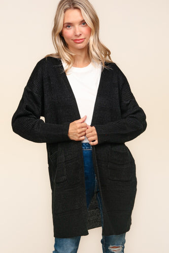 Haptics Stripe Textured Open Front Cardigan with Pockets**