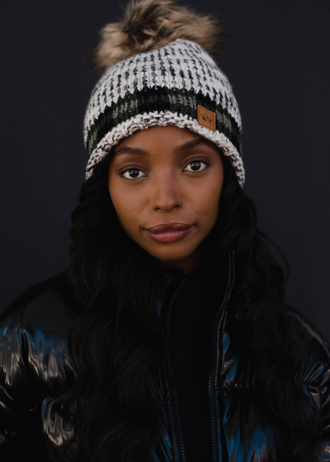 Gray Pom Hat w/ Green Plaid Trim