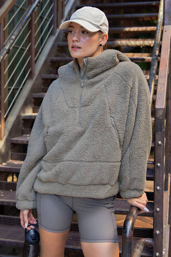 Stone Taupe Sherpa Quarter Zip Hooded Jacket