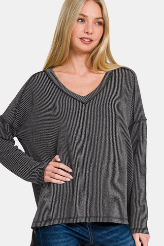 Zenana Texture Exposed Seam V-Neck Long Sleeve T-Shirt**