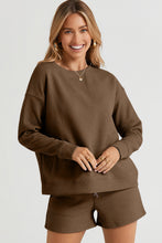 Double Take Full Size Texture Long Sleeve Top and Drawstring Shorts Set**