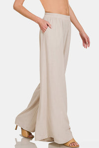 Zenana Pleated Linen Blend Wide Leg Pants**