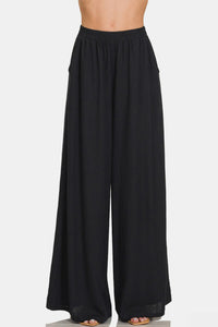 Zenana Pleated Linen Blend Wide Leg Pants**