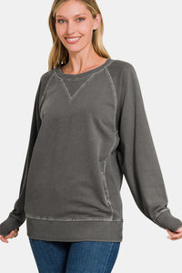 Zenana Round Neck Long Sleeve Sweatshirt**