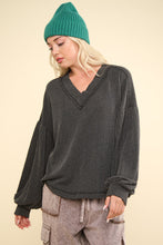 VERY J Two Tone Ribbed V-Neck Exposed Seam Top**