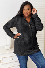 Double Take Notched Neck Ribbed Long Sleeve T-Shirt**