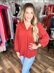 Rust V Neck Cinched Sleeve Top
