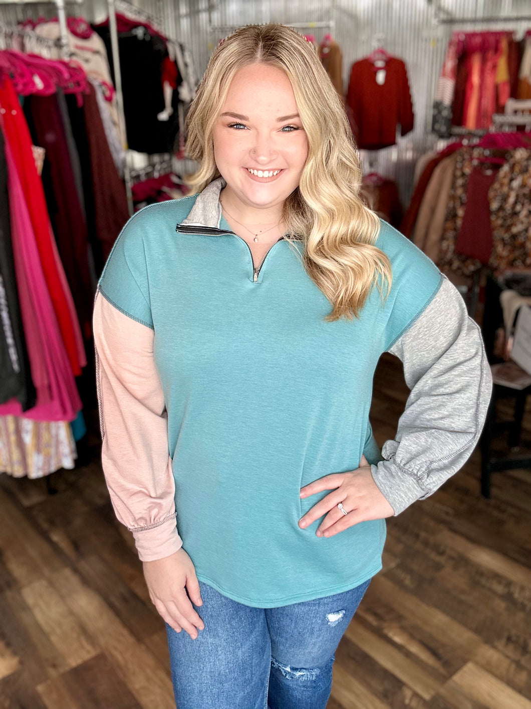 Teal Color Block Pullover