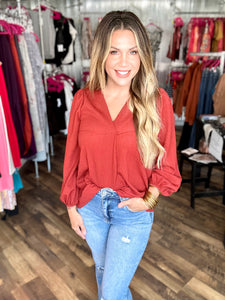 Rust V Neck Cinched Sleeve Top