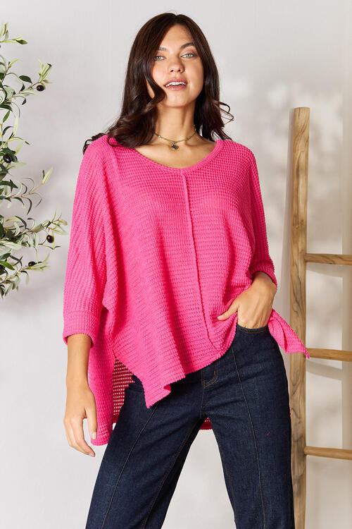 Zenana Full Size Round Neck High-Low Slit Knit Top**