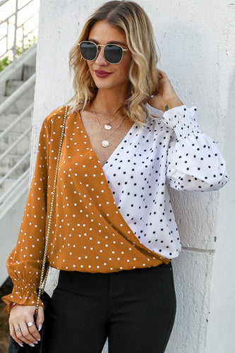 Polka Dot Surplice Neck Lantern Sleeve Blouse**