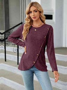 Round Neck Ribbed Button Detail Blouse**