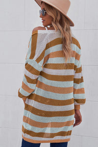 Full Size Striped Long Sleeve Openwork Cardigan**