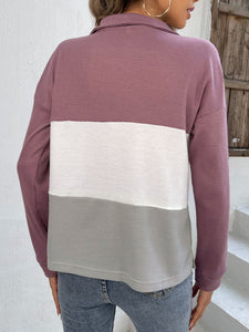 Color Block Dropped Shoulder Waffle-knit Zipper Front Blouse