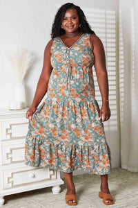 Double Take Floral V-Neck Tiered Sleeveless Dress**