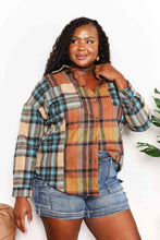 Double Take Plaid Curved Hem Shirt Jacket with Breast Pockets**