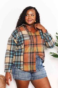 Double Take Plaid Curved Hem Shirt Jacket with Breast Pockets**