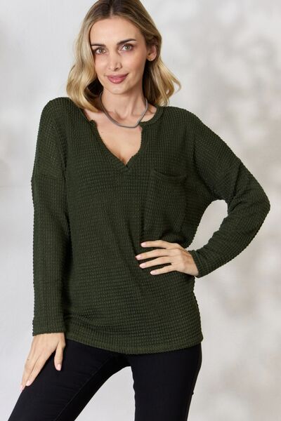 BiBi Notched Popcorn Waffle Long Sleeve Top**