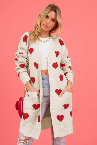 Heart Graphic Open Front Cardigan with Pockets**