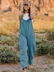 Double Take Full Size V-Neck Sleeveless Jumpsuit with Pockets**