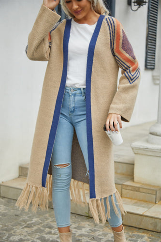 Geometric Fringe Hem Open Front Duster Cardigan**