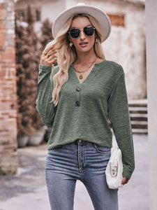 Double Take Buttoned Notched Neck Long Sleeve Top**