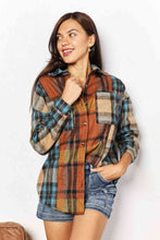 Double Take Plaid Curved Hem Shirt Jacket with Breast Pockets**