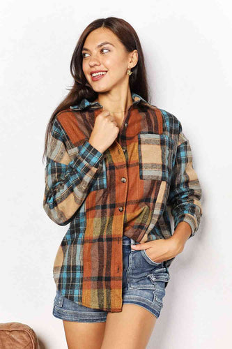 Double Take Plaid Curved Hem Shirt Jacket with Breast Pockets**