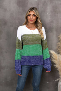 Color Block Round Neck Dropped Shoulder Sweater**