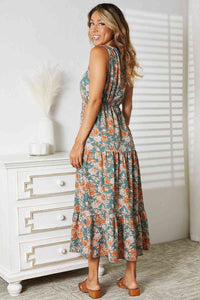 Double Take Floral V-Neck Tiered Sleeveless Dress**