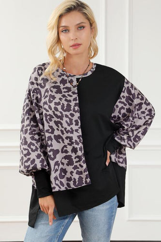 Leopard Round Neck Lantern Sleeve Slit Sweatshirt**