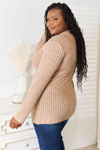 Double Take Notched Neck Ribbed Long Sleeve T-Shirt**