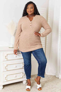 Double Take Notched Neck Ribbed Long Sleeve T-Shirt**