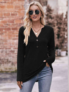 Double Take Buttoned Notched Neck Long Sleeve Top**